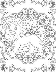 Obraz premium Lion on Mandala Coloring Page. Printable Coloring Worksheet for Adults and Kids. Educational Resources for School and Preschool. Mandala Coloring for Adults