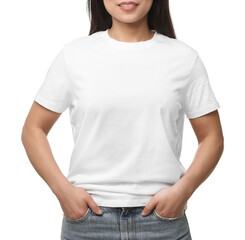 Obraz premium Woman wearing stylish t-shirt on white background, closeup