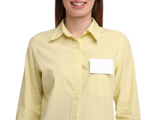 Woman with blank badge on white background, closeup