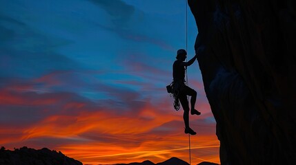 A rock climber is silhouetted against the evening sky 