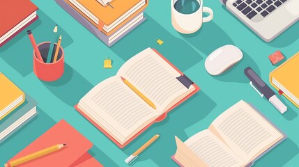 education flat design top view study session theme animation vivid