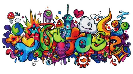 Obraz premium Groovy cartoon sticker label, psychedelic hippy self-adhesive paper printing pattern, vibrant eclectic design elements, banner, interior decoration, visual stick , white background, isolate, cut off.