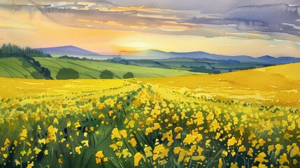 Watercolor painting of beautiful yellow mustard fields at sunset