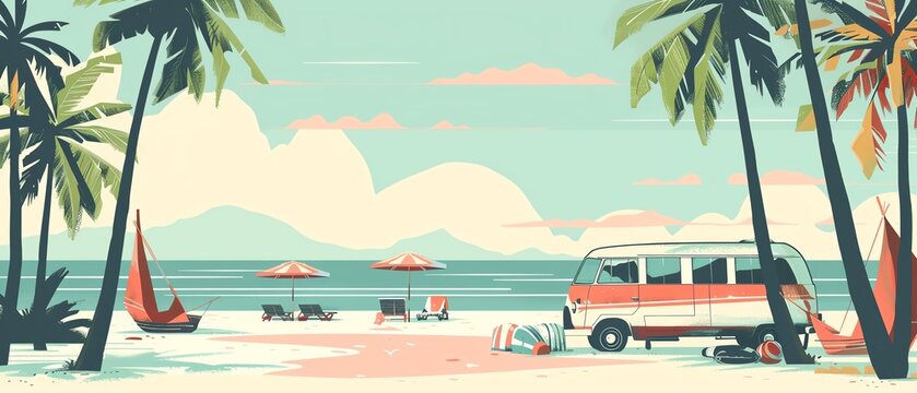 travel flat design side view beach theme cartoon drawing Monochromatic Color Scheme