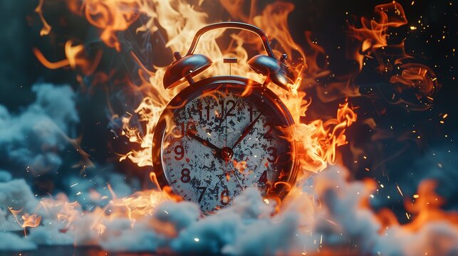 Chasing time, an alarm clock ablaze, exploding rush hour, deadline pressure, urgency.