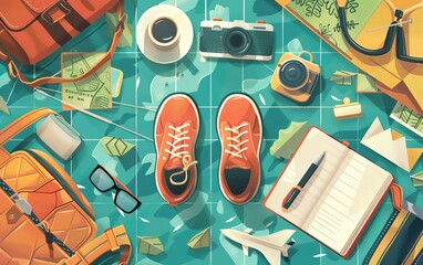 travel flat design top view exploration theme cartoon drawing Analogous Color Scheme