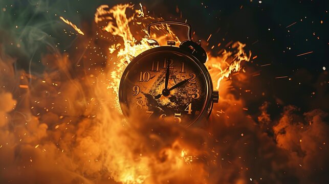 Chasing time, an alarm clock ablaze, exploding rush hour, deadline pressure, urgency.