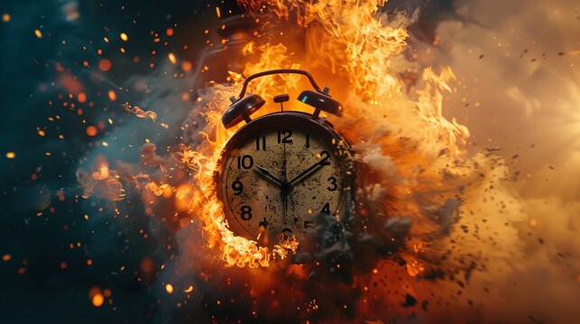 Chasing time, an alarm clock ablaze, exploding rush hour, deadline pressure, urgency.
