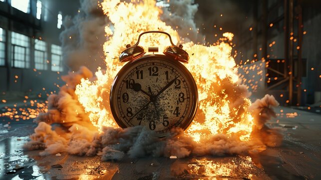 Chasing time, an alarm clock ablaze, exploding rush hour, deadline pressure, urgency.