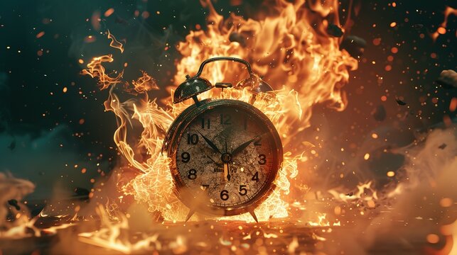Chasing time, an alarm clock ablaze, exploding rush hour, deadline pressure, urgency.