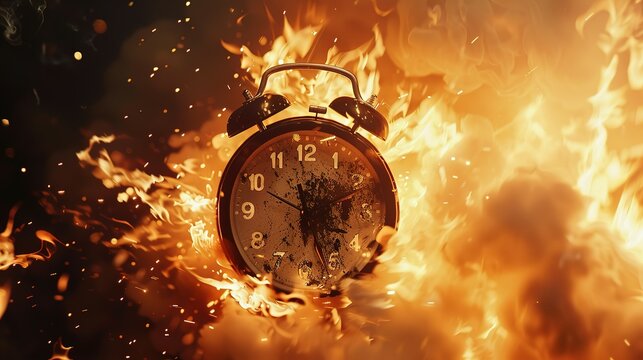 Chasing time, an alarm clock ablaze, exploding rush hour, deadline pressure, urgency.