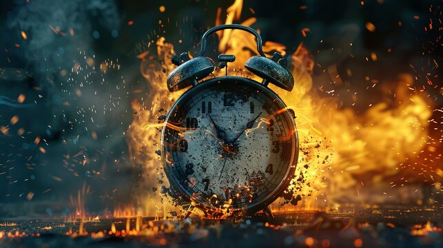 Chasing time, an alarm clock ablaze, exploding rush hour, deadline pressure, urgency.