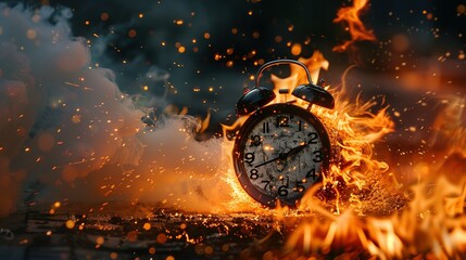 Chasing time, an alarm clock ablaze, exploding rush hour, deadline pressure, urgency.