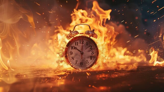 Chasing time, an alarm clock ablaze, exploding rush hour, deadline pressure, urgency.