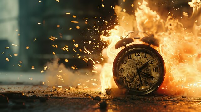 Chasing time, an alarm clock ablaze, exploding rush hour, deadline pressure, urgency.