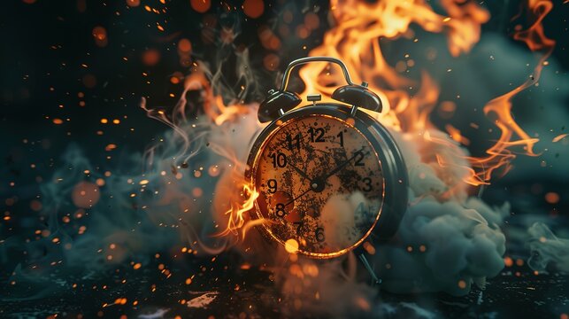 Chasing time, an alarm clock ablaze, exploding rush hour, deadline pressure, urgency.
