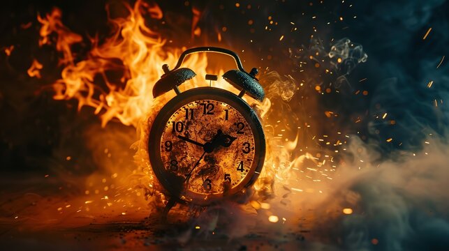 Chasing time, an alarm clock ablaze, exploding rush hour, deadline pressure, urgency.