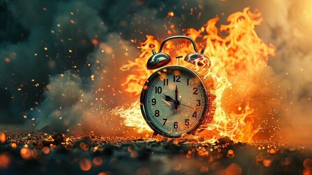 Chasing time, an alarm clock ablaze, exploding rush hour, deadline pressure, urgency.