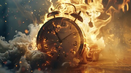 Chasing time, an alarm clock ablaze, exploding rush hour, deadline pressure, urgency.