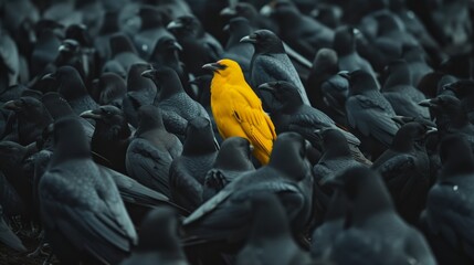 Lonely Yellow Crow Stands Out Among a Vast Flock of Black Crows Capturing the Essence of Individuality and Uniqueness in the Natural World