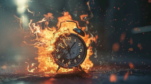 Chasing time, an alarm clock ablaze, exploding rush hour, deadline pressure, urgency.