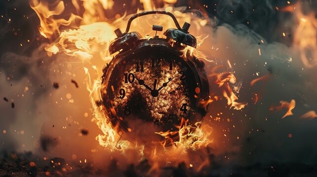 Chasing time, an alarm clock ablaze, exploding rush hour, deadline pressure, urgency.
