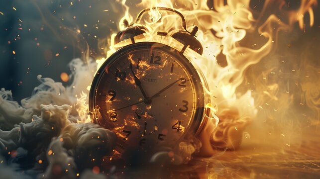 Chasing time, an alarm clock ablaze, exploding rush hour, deadline pressure, urgency.