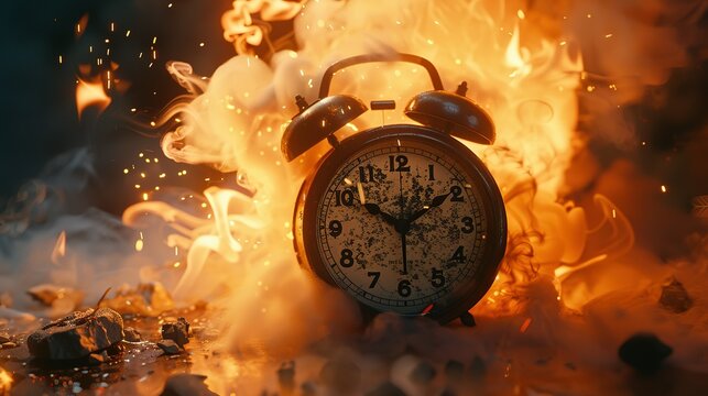 Chasing time, an alarm clock ablaze, exploding rush hour, deadline pressure, urgency.