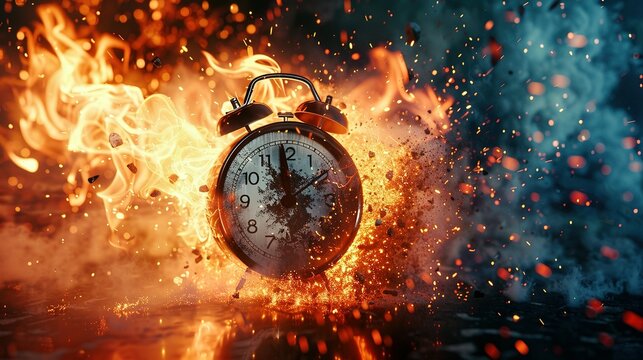 Chasing time, an alarm clock ablaze, exploding rush hour, deadline pressure, urgency.