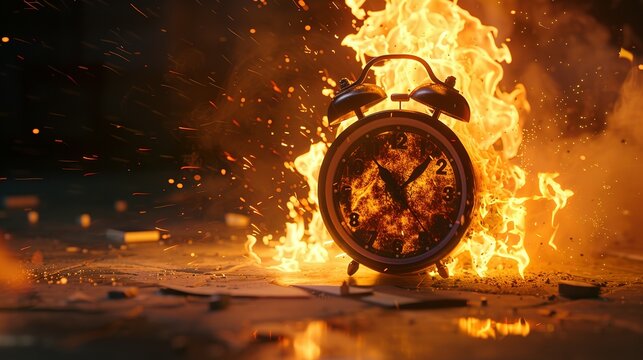 Chasing time, an alarm clock ablaze, exploding rush hour, deadline pressure, urgency.