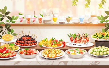 food flat design front view buffet theme water color Tetradic color scheme