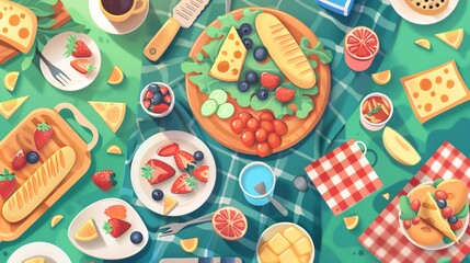 food flat design top view picnic theme cartoon drawing Analogous Color Scheme