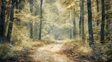 Watercolor style painting of a path in a forest landscape