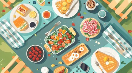 food flat design top view picnic theme cartoon drawing Analogous Color Scheme