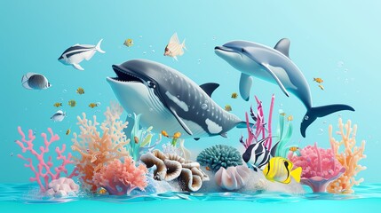 animals flat design front view marine life theme 3D render Split-complementary color scheme