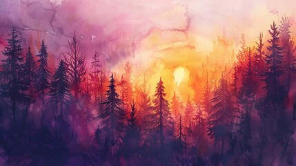 Watercolour illustration of a forest landscape at sunset, artistic modern and simple background