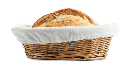 Wicker basket with fresh bread isolated on white