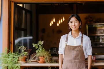 A portrait of a female cafe owner IN FRONT OF CAFE