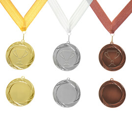 Gold, silver and bronze medals isolated on white, set