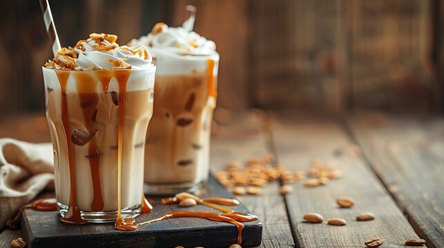 Iced caramel latte topped with whipped cream and caramel sauce, a refreshing and sweet coffee drink 