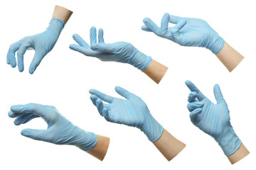Woman wearing medical glove on white background, closeup. Collage of photos