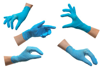 Woman wearing medical glove on white background, closeup. Collage of photos