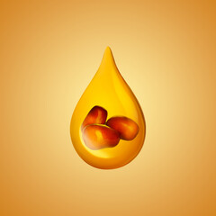 Cooking oil drop with palm fruits on golden background