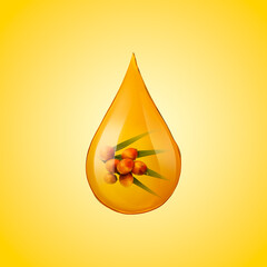 Cooking oil drop with palm leaf and fruits on golden background