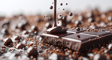 An indulgent image featuring stack dark chocolate pieces melted chocolate being poured over them