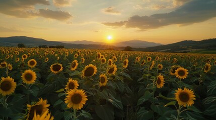 Sunset over a sunflower field 