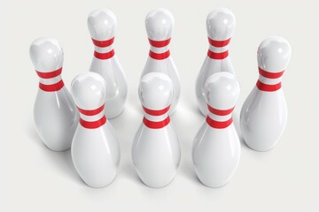 A row of bowling pins with red and white stripes