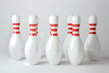 A row of bowling pins with red stripes