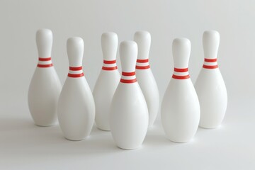 Row of bowling pins with red stripes
