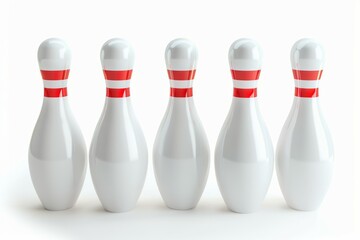 Five bowling pins are lined up in a row